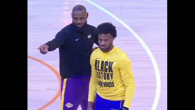 LeBron James with his son Bronny during Lakers warmups
