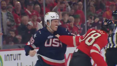 US hockey's Matthew Tkachuk and Canada hocket's Brandon Hagel fight