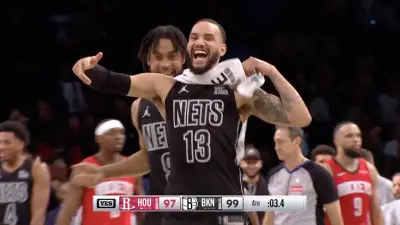 Nets players celebrate wild win over Rockets