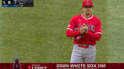 Angels infielder Nicky Lopez on the mound against the White Sox