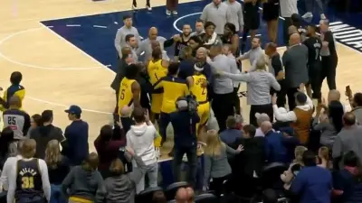 Indiana Pacers and Brooklyn Nets players scuffling