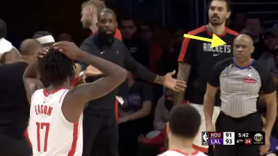 NBA referee Tre Maddox calling a Rockets-Lakers game