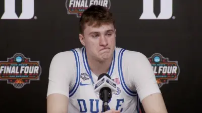 Cooper Flagg at a Duke postgame press conference