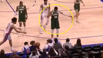Giannis Antetokounmpo doing a shimmy on the court