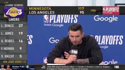 JJ Redick addresses the media after Lakers-Timberwolves Game 1