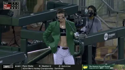 Texas A&M baseball player wearing a Masters jacket
