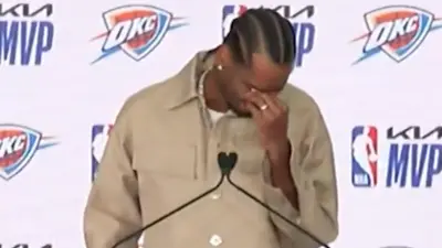 Shai Gilgeous-Alexander cries during his MVP speech