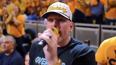 Pat McAfee cutting a WWE-style promo during Pacers-Knicks Game 4