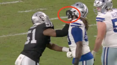 Cowboys' Tyler Guyton takes a dive after getting hit by Raiders defender